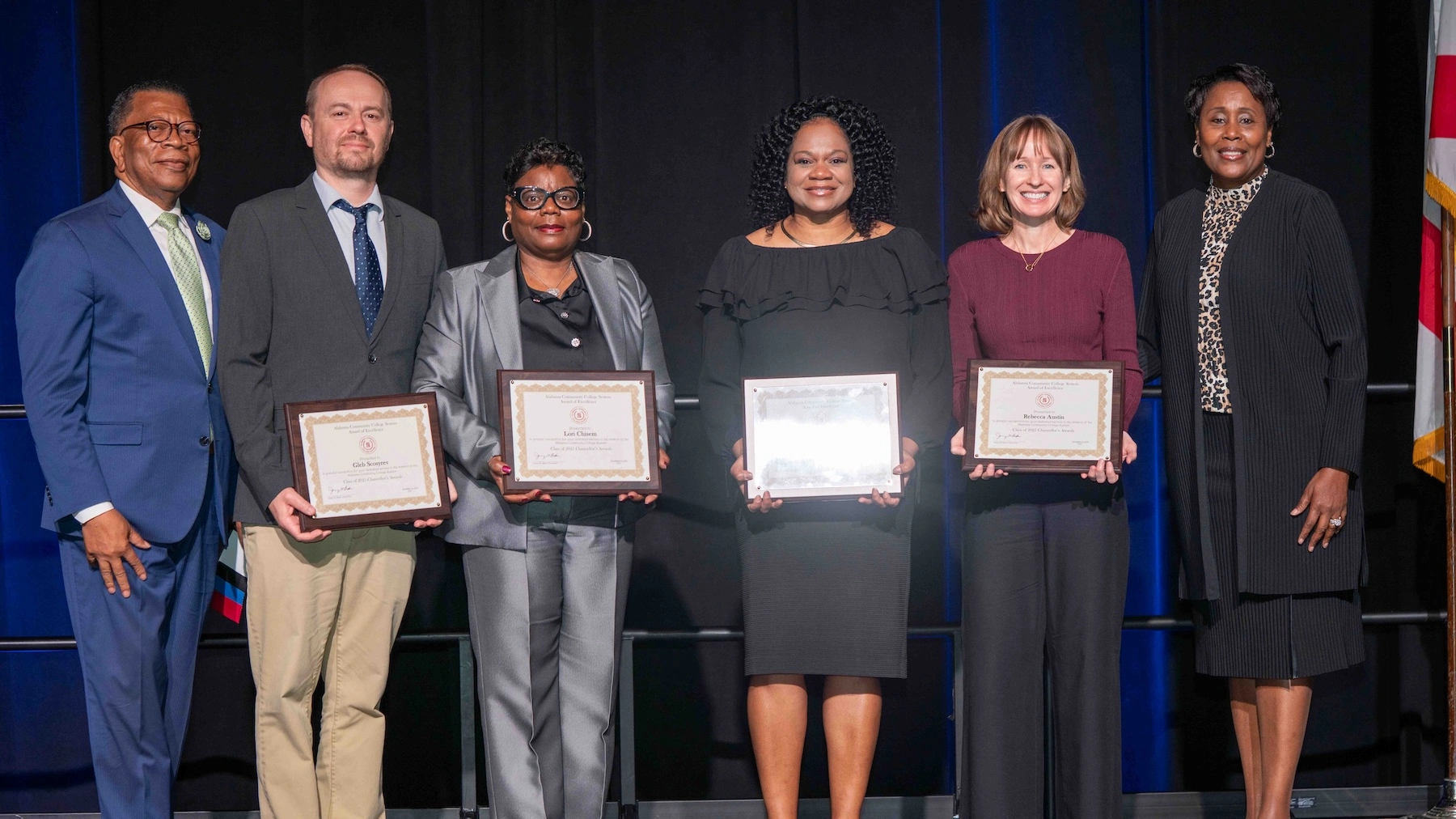 Honorees Becky Austin, Lori Chisem, Dr. Rhonda Branch, and Gleb Scosyrev pose with Lawson State President Dr. Cynthia T. Anthony and Vice President Dr. Bruce Crawford at the 2025 ACCA Chancellor’s Awards. 