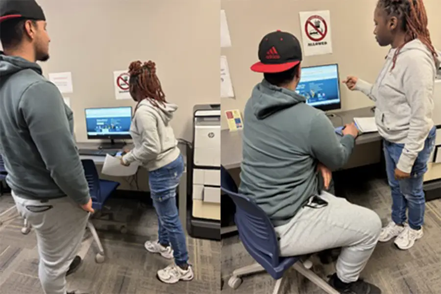 A girl showing something to men