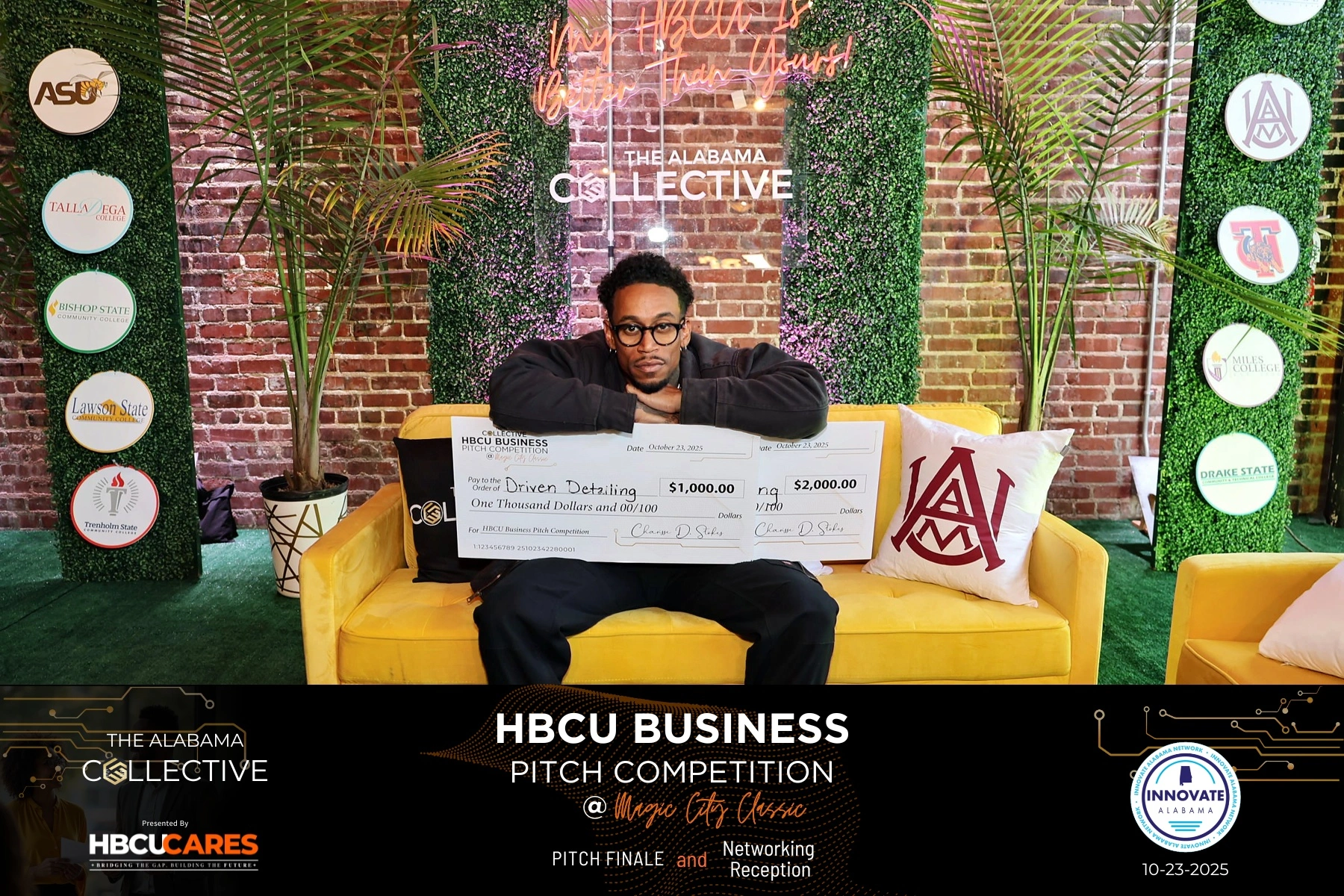 Lawson State student Khalil Saadiq, who is studying auto body and collision repair, looks into the camera after winning $3,000 for his mobile car care detailing business.