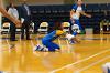 A Lawson State volleyball player wearing a blue-and-gold jersey dives to the floor to dig a volleyball during live play, with teammates and coaches visible in the background.