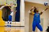 A Lawson State volleyball player wearing jersey number 1 sets the ball overhead during warm-ups on the gym court.