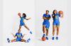 Lawson State women's basketball players pose playfully with basketballs during a studio photo shoot.